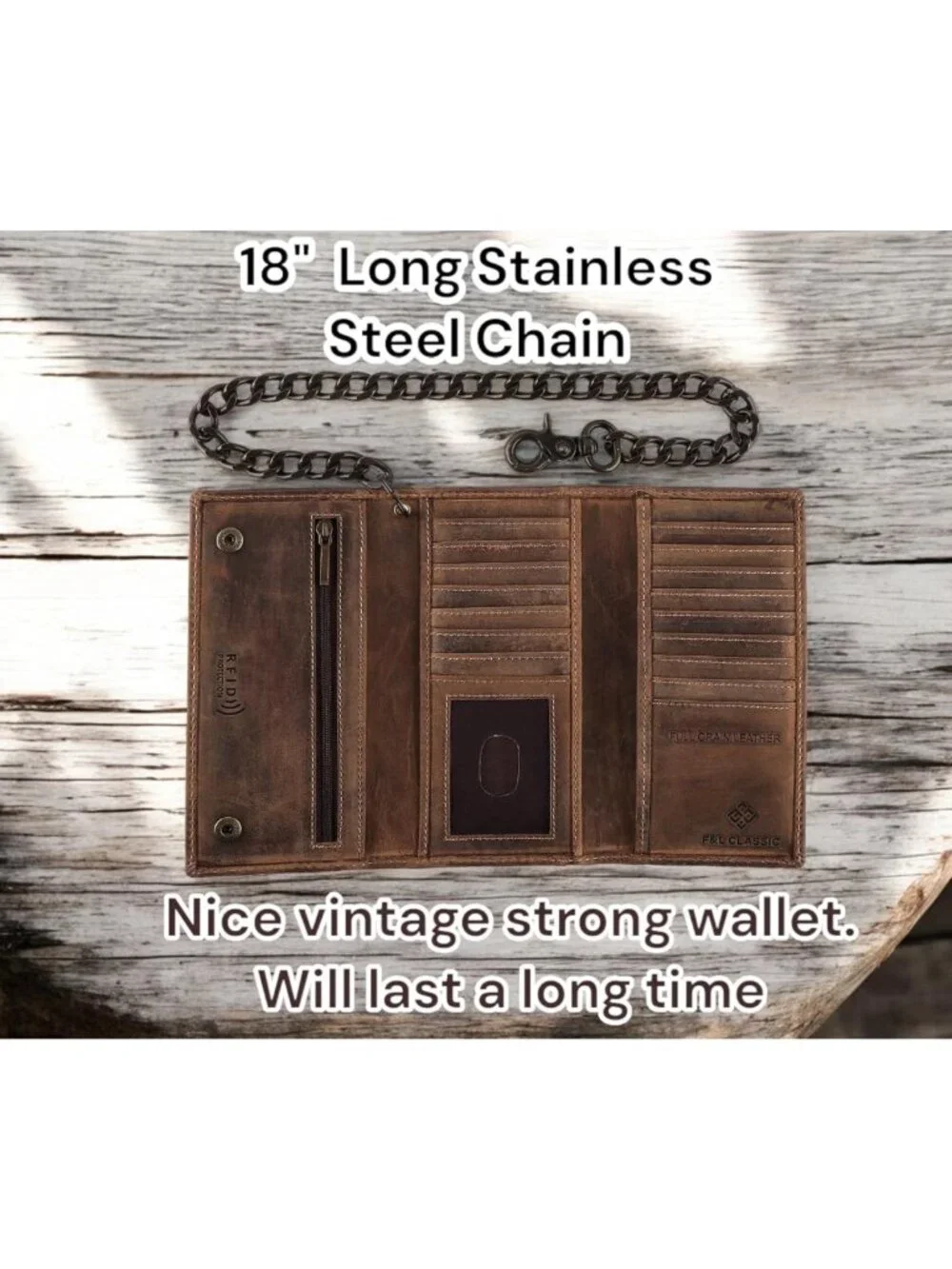 Classic RFID Blocking Men's Tri-Fold Leather Wallet with Steel Chain - Brown